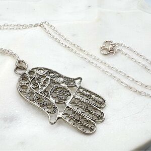 Oxidized silver filigree hamsa necklace intricate statement Roost brand jewelry